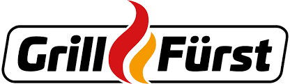 Logo von "Grillfürst" in schwarzer Schrift, umrandet von einem schwarzen Rechteck mit abgerundeten Ecken. Zwischen den Wörtern ist eine stilisierte Flamme in Rot und Gelb dargestellt.