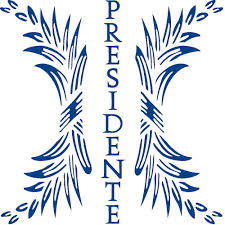 Blaues, abstraktes, symmetrisches Ornament, das an Blätter oder stilisierte Federn erinnert. Vertikal ist der Schriftzug "PRESIDENTE" integriert. Der Hintergrund ist weiß. Das Logo ist sauber und klar.