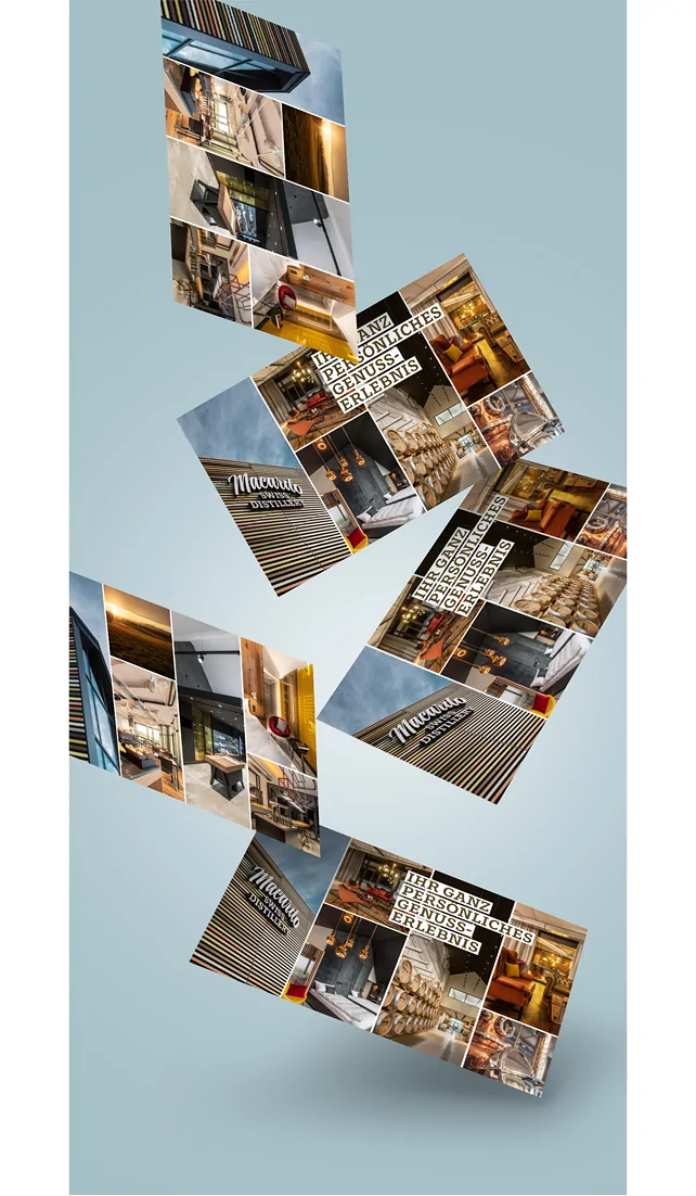 Collage mit Bildern der Macardo Swiss Distillery und des Genuss-Erlebnisses: Aussenaufnahmen, Innenansichten mit Fässern, stilvolle Zimmer, Restaurantdetails und der Schriftzug „Ihr ganz persönliches Genuss-Erlebnis“. Einladung zum Macardo Genuss Paket.